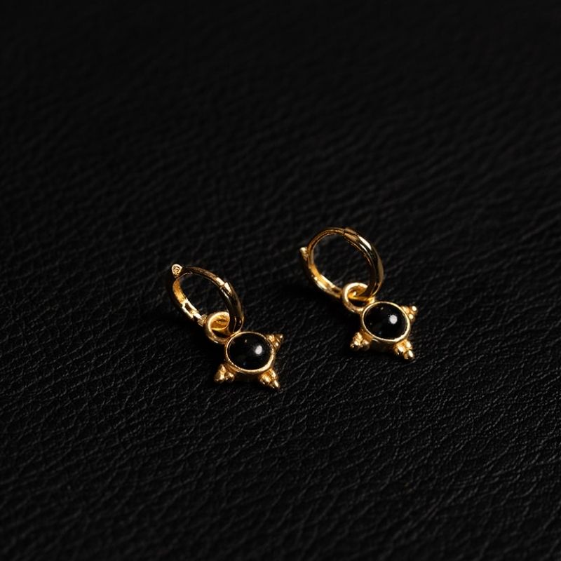 Dark Onyx | Charm Hoop Earrings - Gold