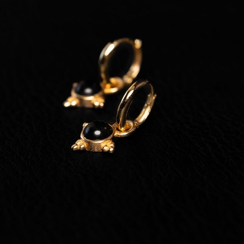 Dark Onyx | Charm Hoop Earrings - Gold