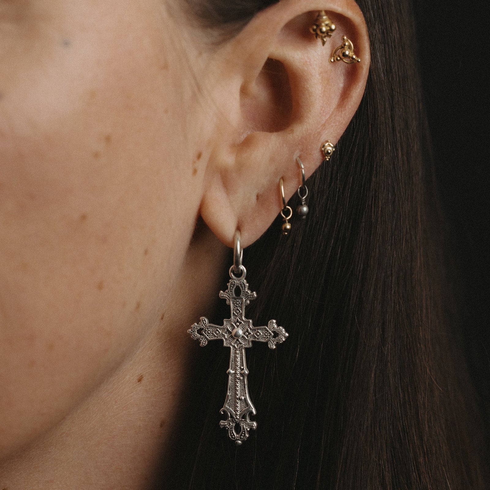 Medieval Cross | solo Hoop Earring - 925 Silver